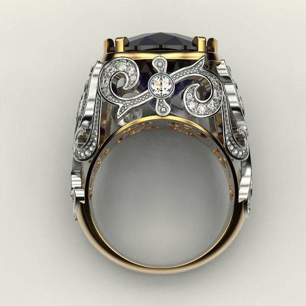Blue Fat Square Gem Two-color Pattern Rings