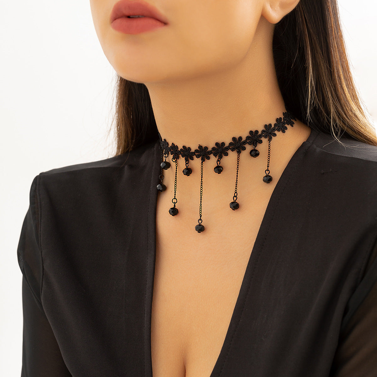 Halloween Dark Lace Crystal Tassel Rose Lolita Necklaces