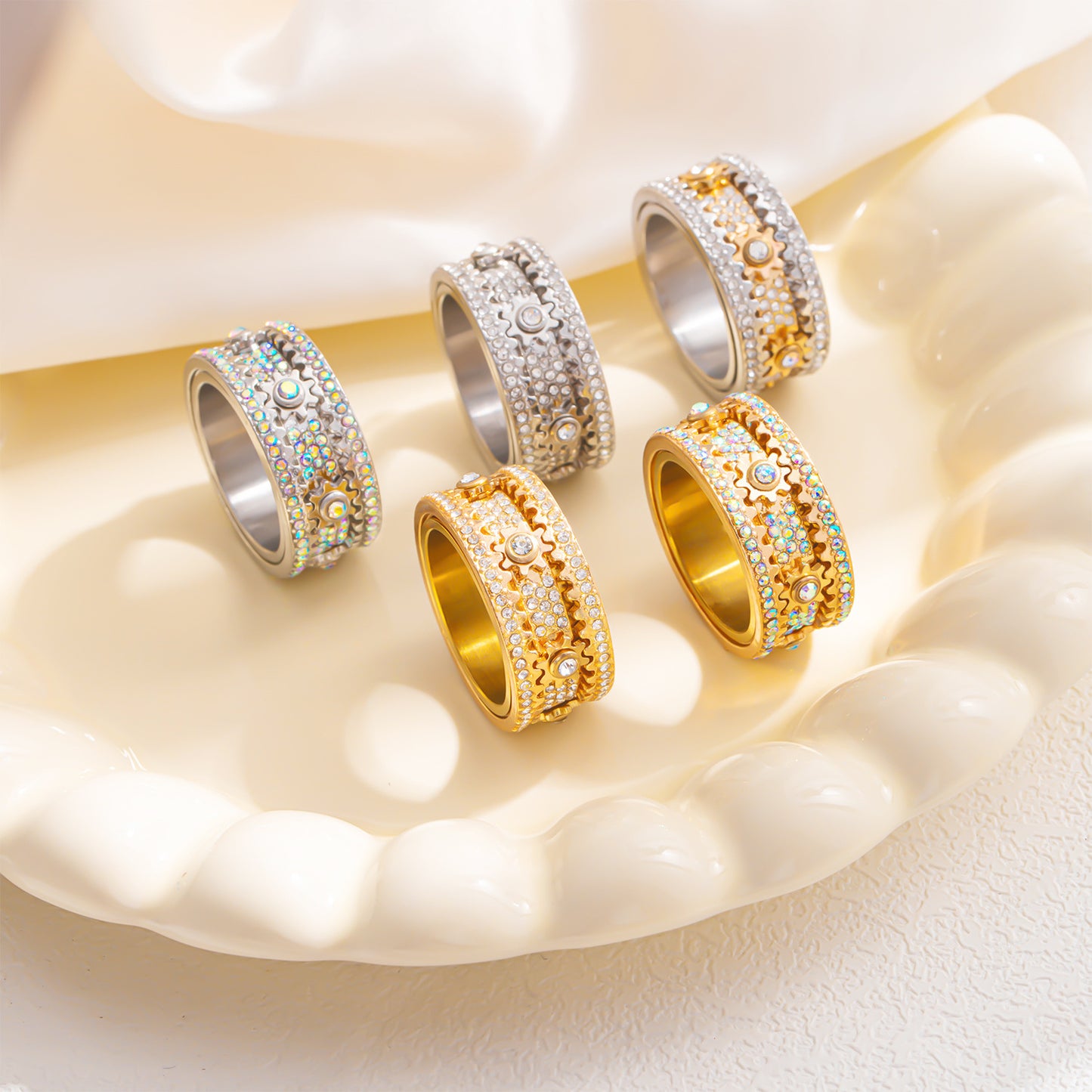 Diamond Starry Gear Can Rotatable Couple Rings