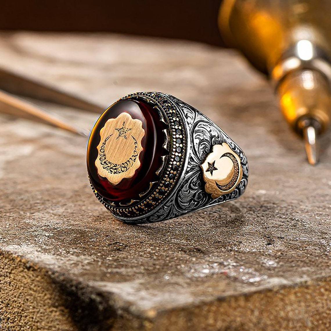Men's Ornament Red Vintage Alloy Diamond Rings