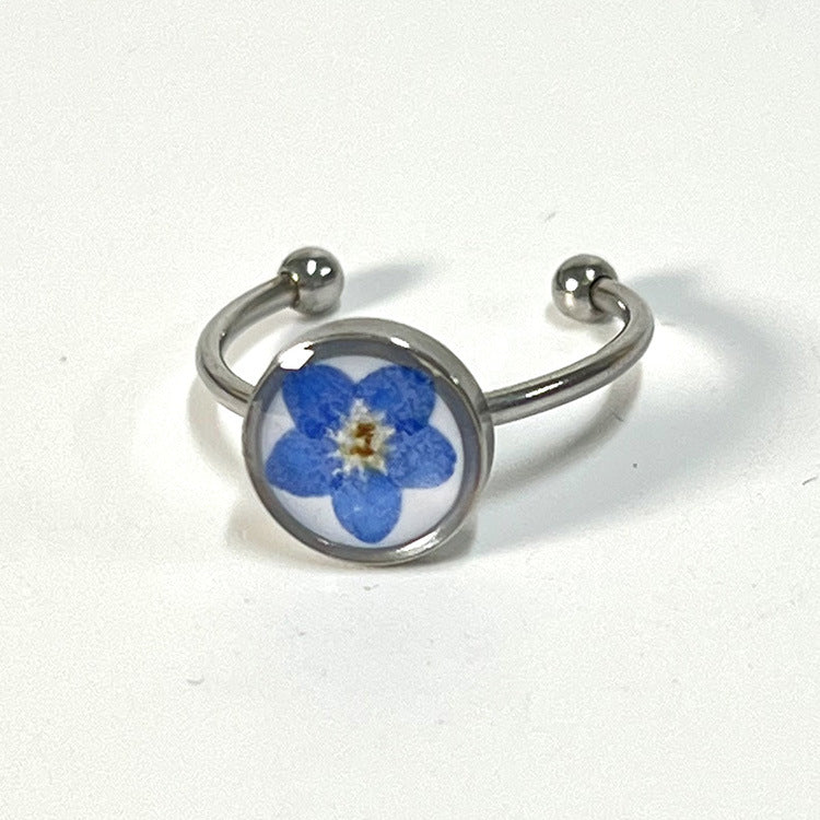 Natural Myosotis Dried Flower Stainless Steel Rings