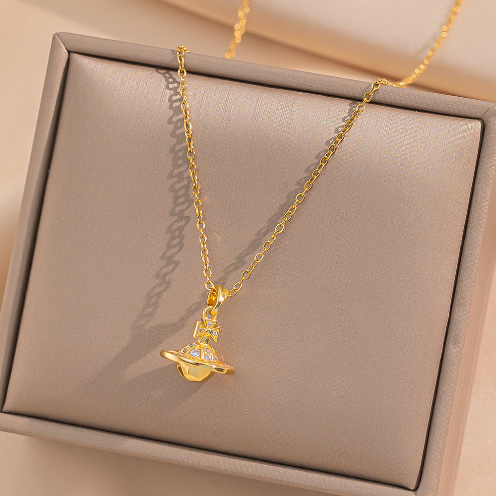 Gold Diamond Mini Planet Titanium Steel Necklaces