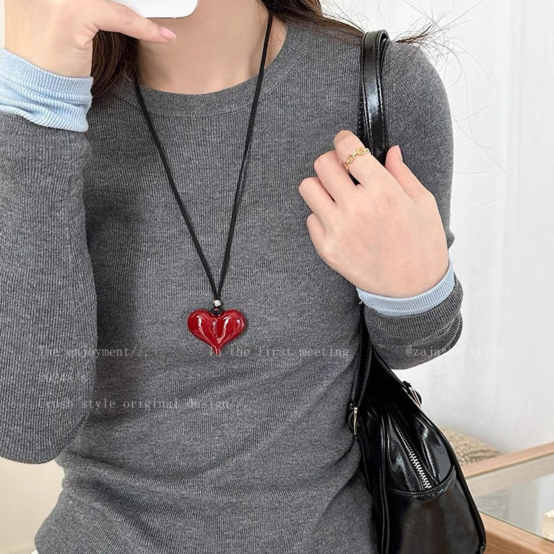Women's Red Bow Minimalist Sweater Chain Minority Black Leather Necklaces