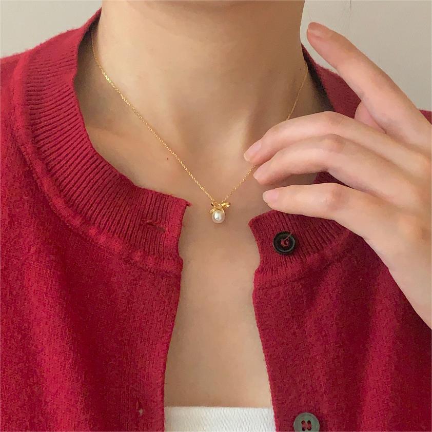 Korean Style Sterling Sier Bow Pearl Simple Necklaces