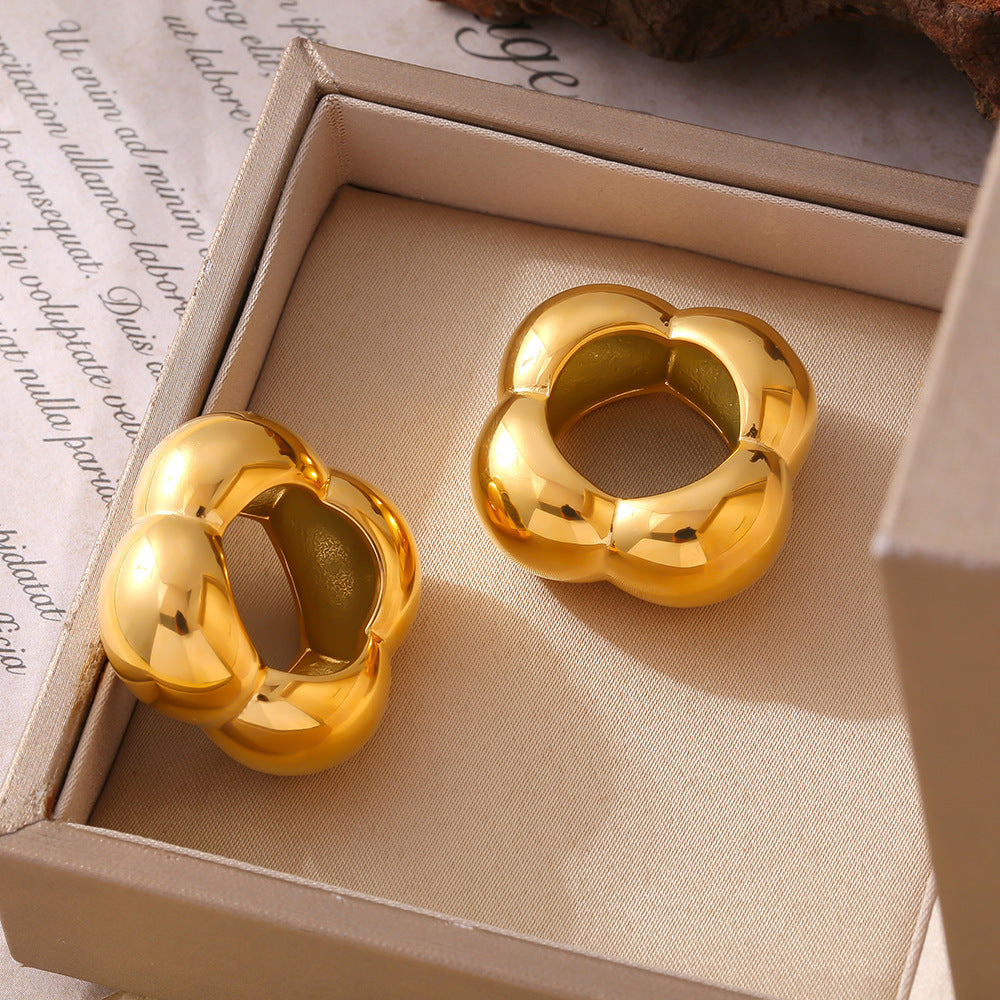 Women's Fashion Flower Glossy Geometric Real Gold Stainless Steel Rings