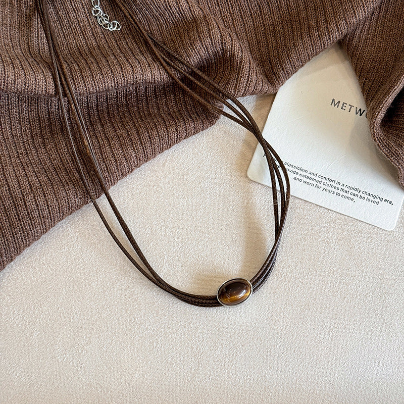 Women's Style Leather Tiger Eye Simple Sweater Chain Necklaces