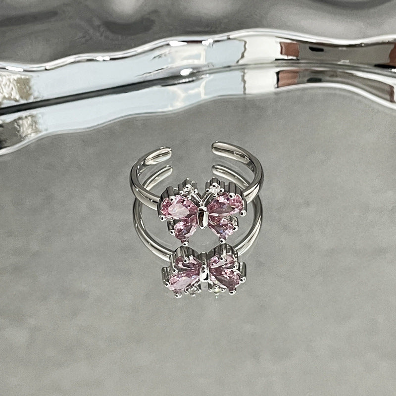 Sweet Cool Simple Graceful Pink Diamond Butterfly Opening Rings