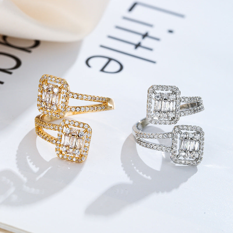 Exaggerated Inlaid Shimmer Rhinestone Square Trendy Personality Rings