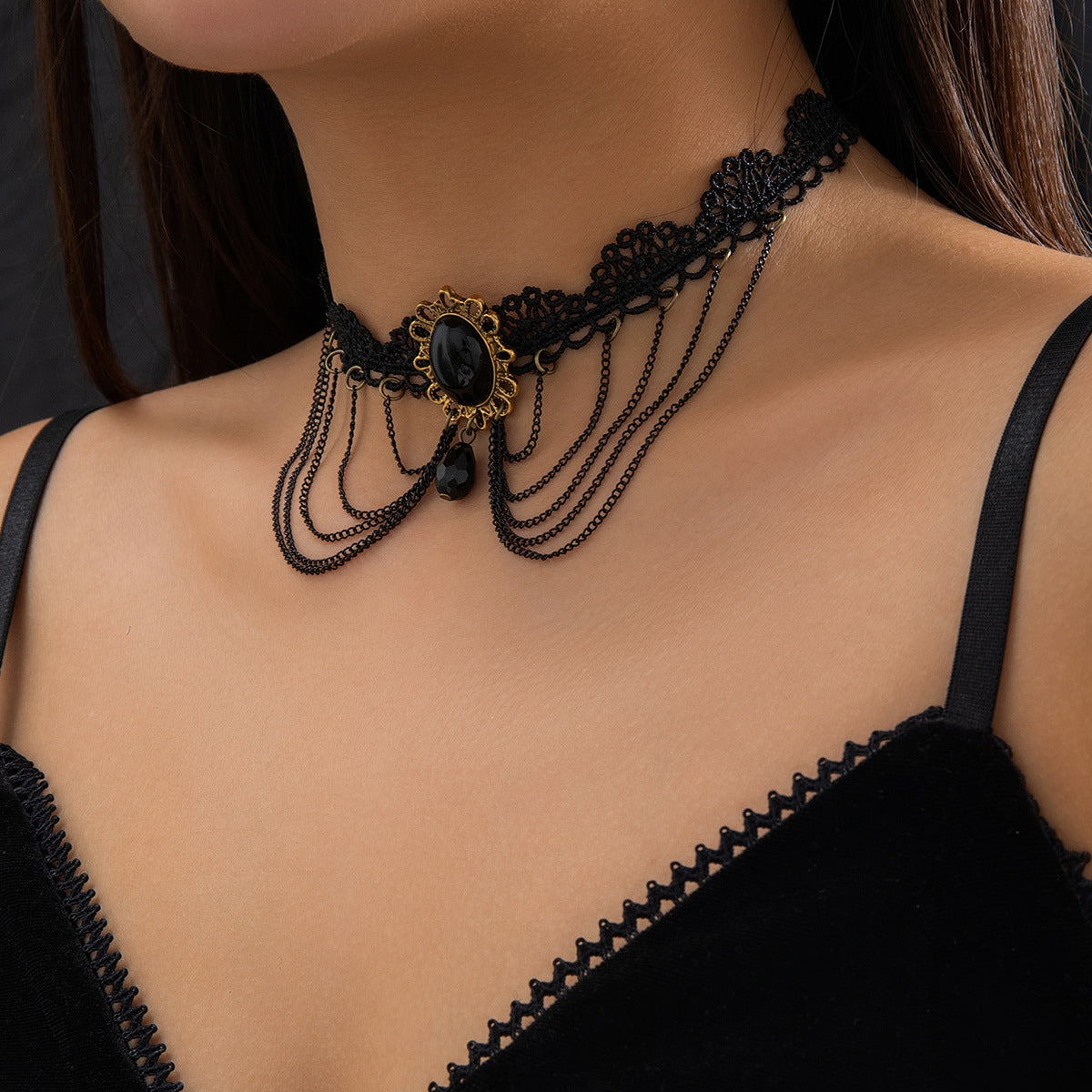 Halloween Dark Lace Crystal Tassel Rose Lolita Necklaces