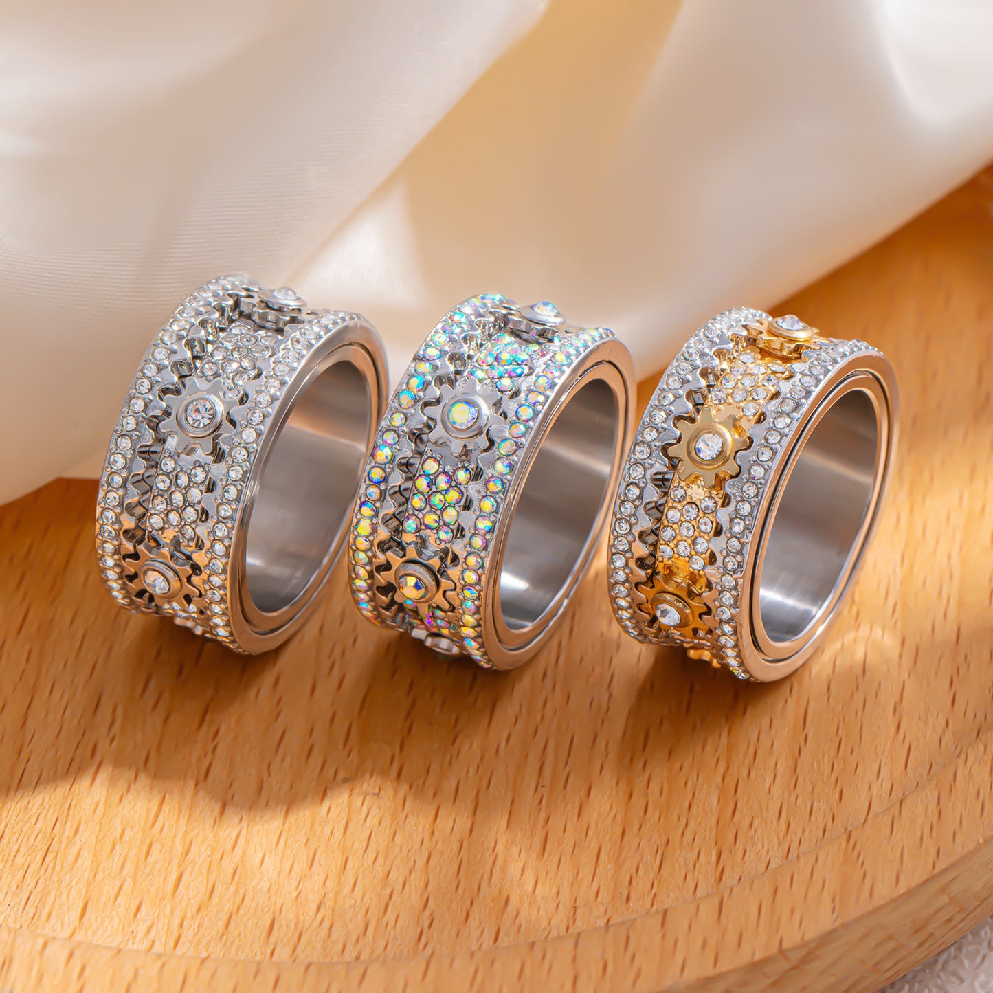 Diamond Starry Gear Can Rotatable Couple Rings