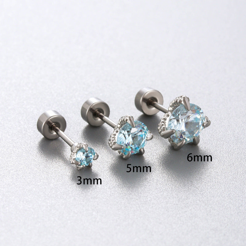 Sea Blue Zircon Couple Ear Bone Pin Titanium Earrings