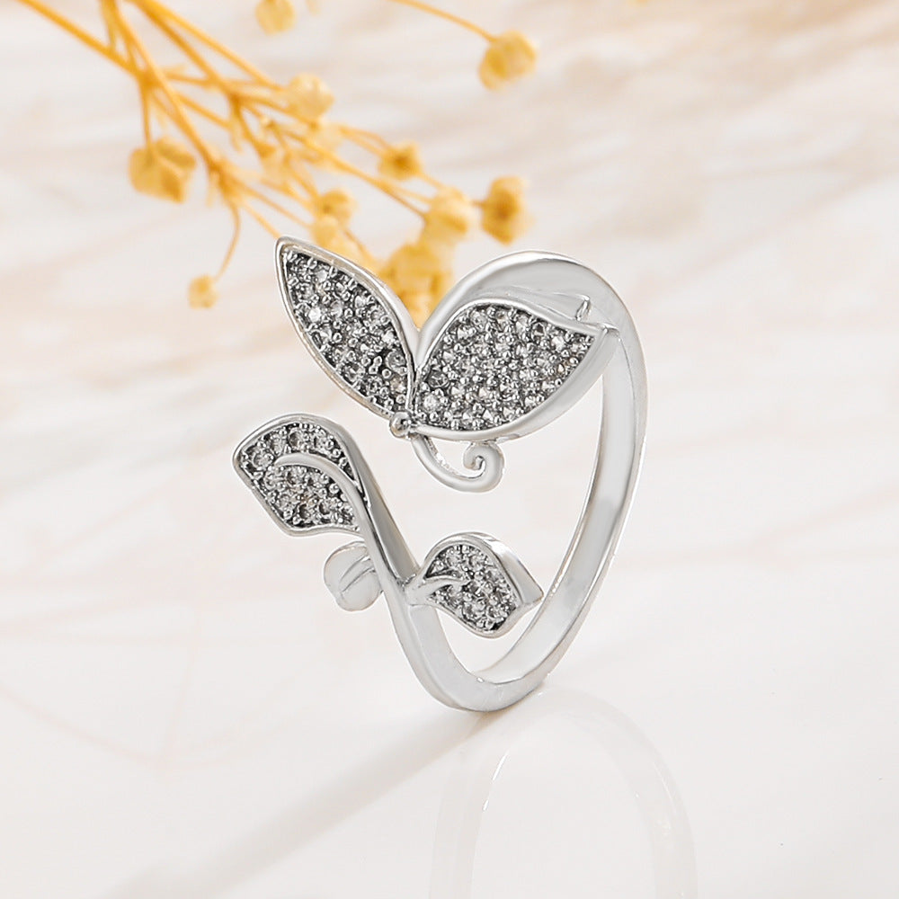 Open Hollow Zircon Butterfly Love Heart-shaped Rings