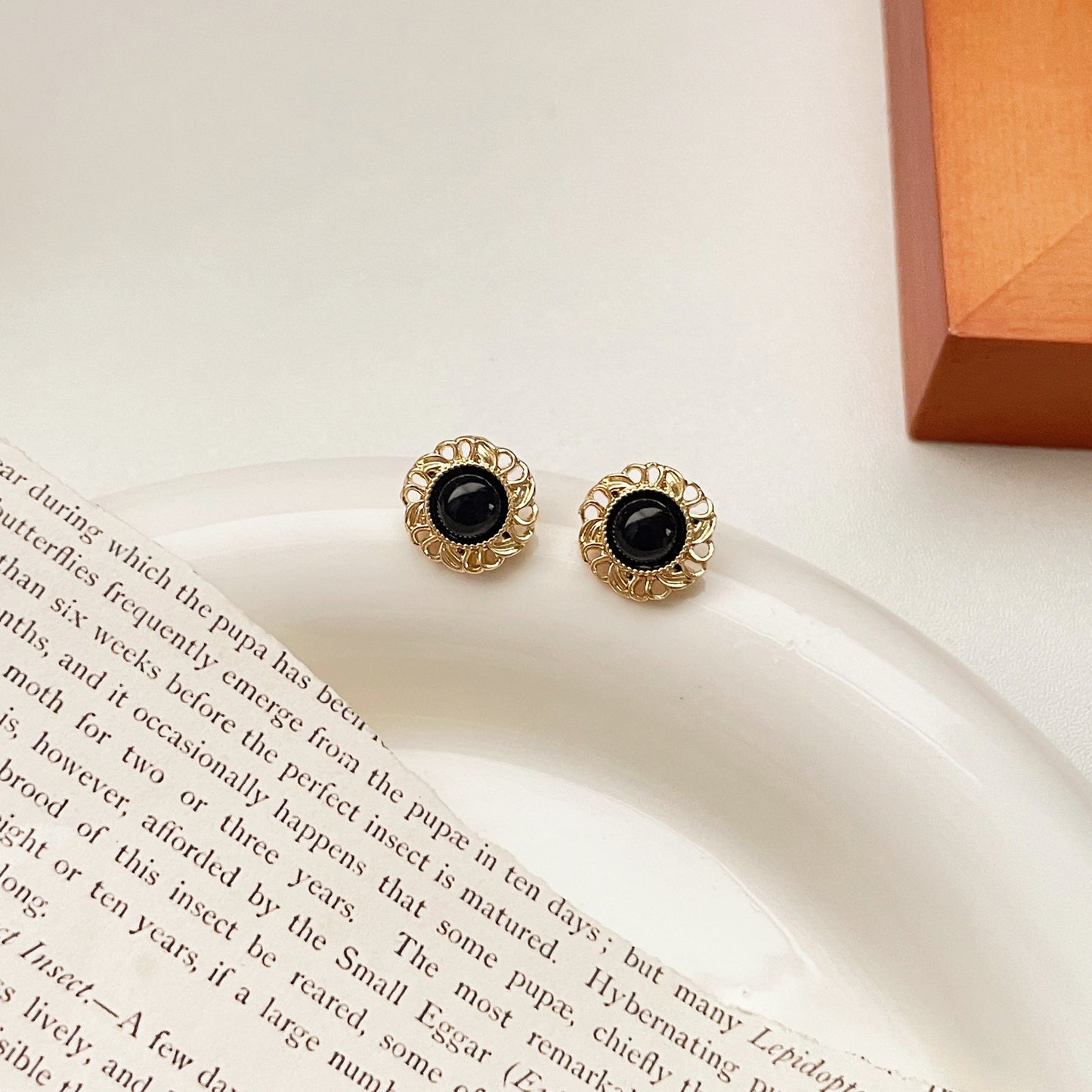 Petite Lace Edge Black Tigereye Classic Style Earrings