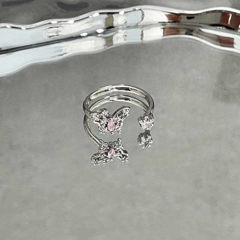Sweet Cool Simple Graceful Pink Diamond Butterfly Opening Rings