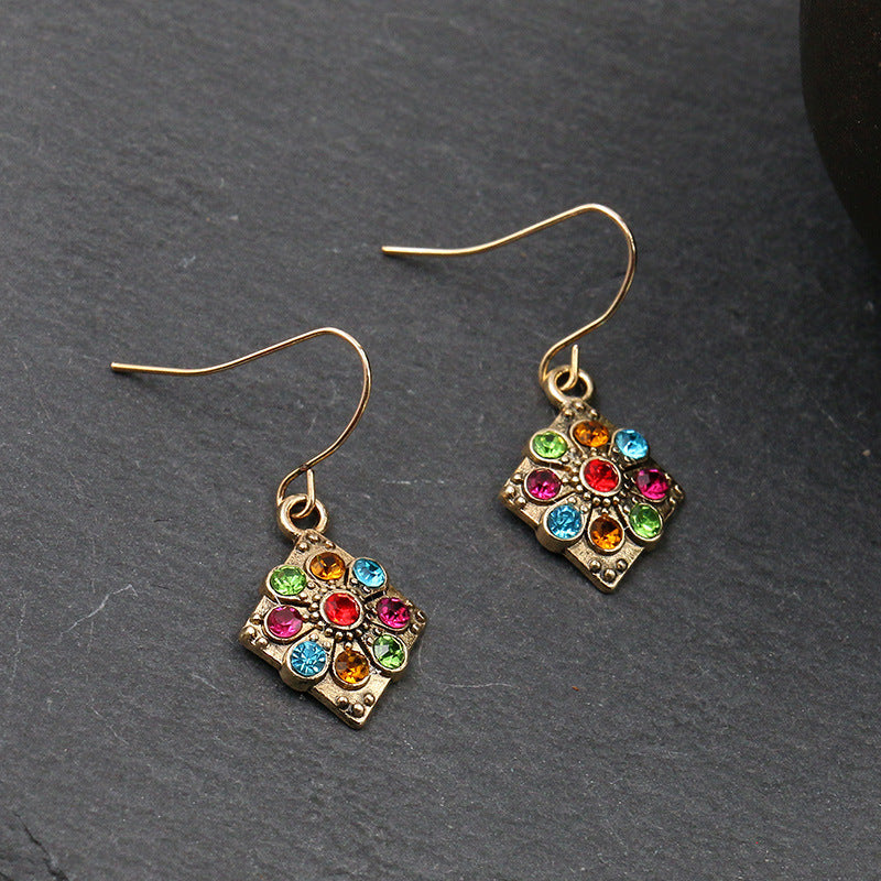 Metal Alloy Suit Vintage Color Diamond Flower Earrings