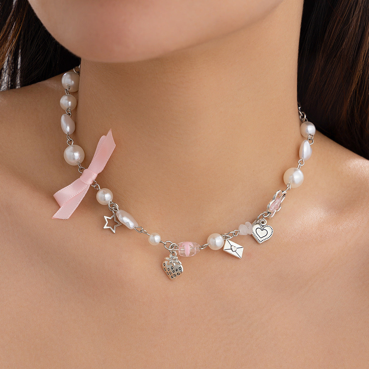 Sweet Style Bow Strawberry Simple Imitation Pearl Necklaces