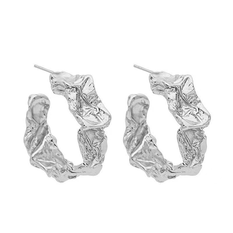 Sier Needle Metal Pleated Lava Ear Female Niche Design Earrings