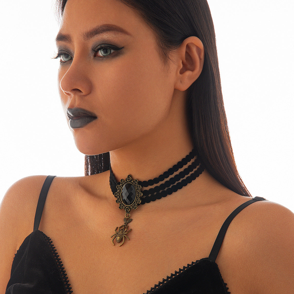 Halloween Dark Lace Crystal Tassel Rose Lolita Necklaces