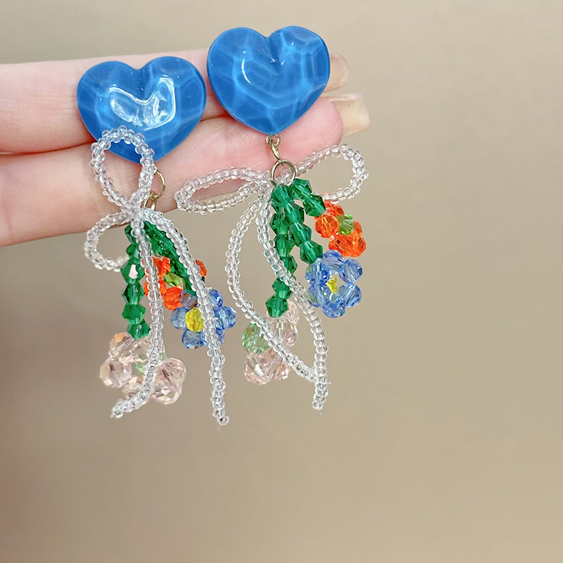 Women's Dopamine Beaded Flower Crystal Colored Glaze Earrings