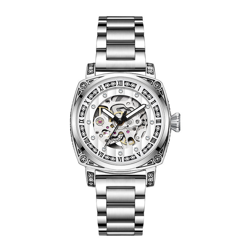 Men's Fashion Trend Carved Diamond Leather Needles Mechanical Watches