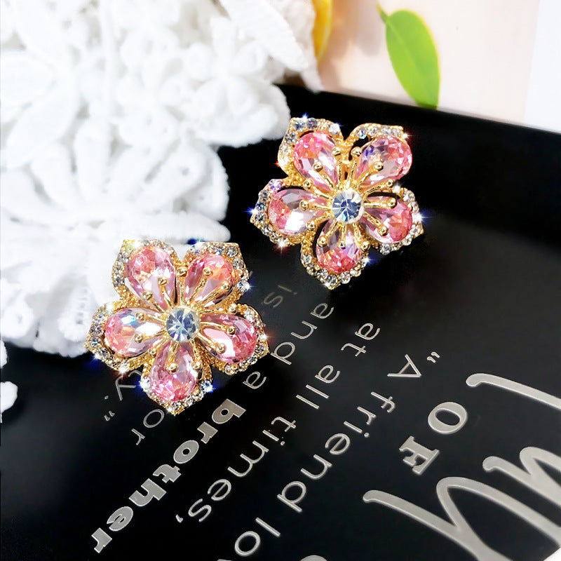 French Style High-grade Cherry Blossom Petal Diamond Elegant Earrings