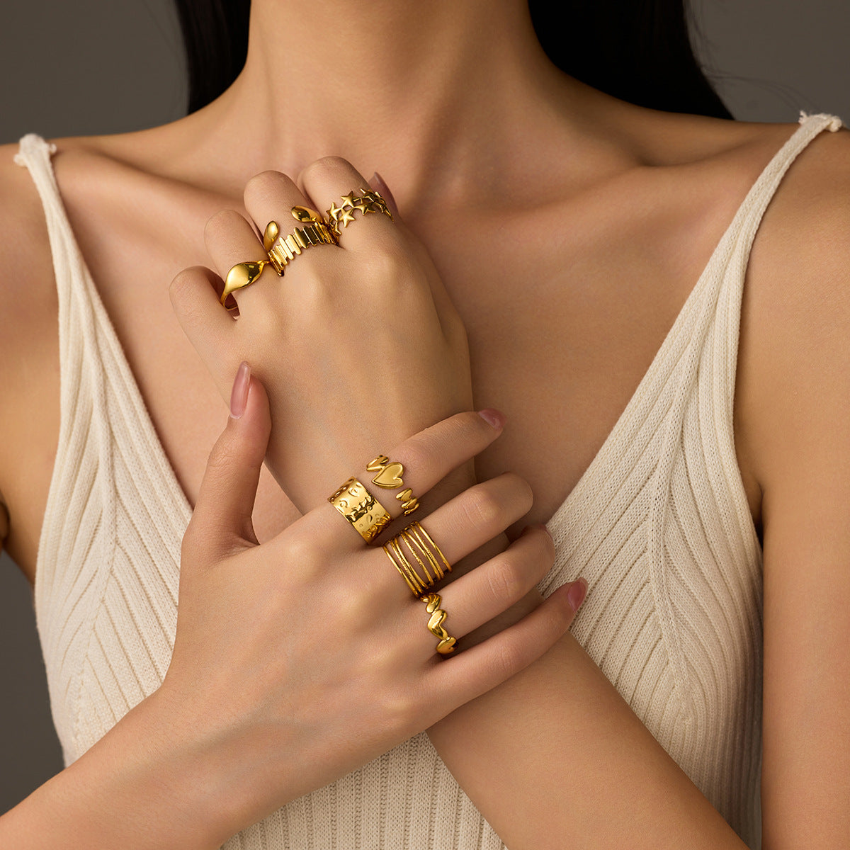 Gold Geometric Irregular Titanium Steel Versatile High-grade Rings