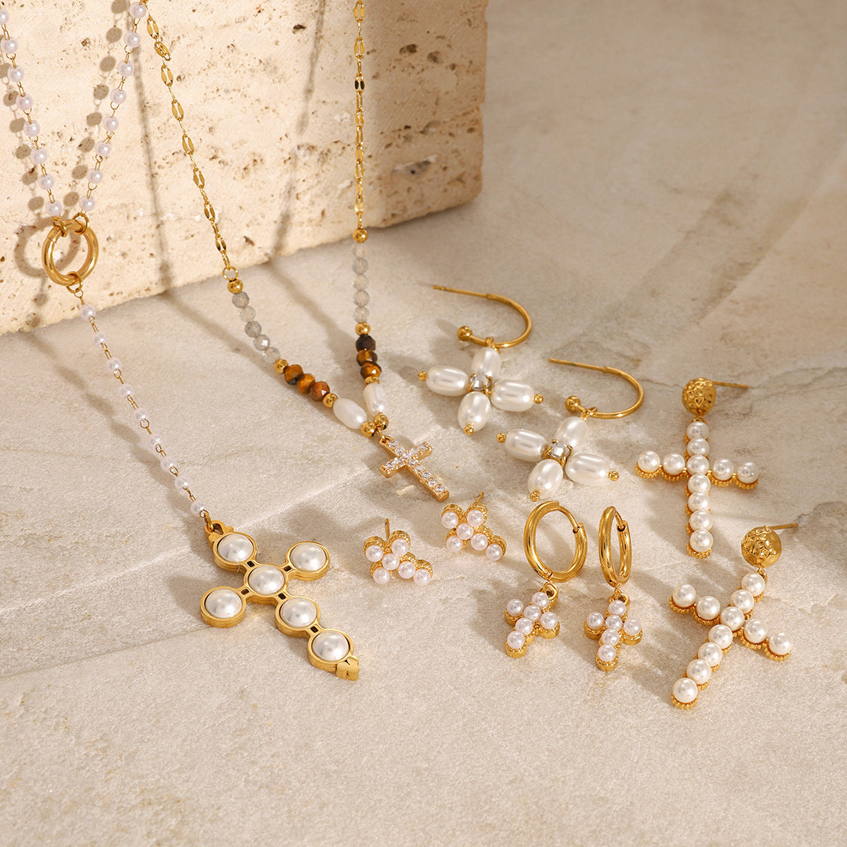 Women's Ding Ornament Stainless Steel Pearl Cross Earrings