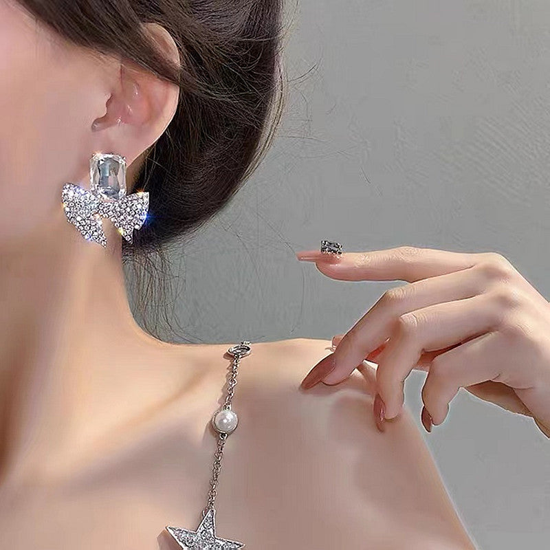 Full Diamond Bow Crystal Eardrops Dignified Sense Earrings