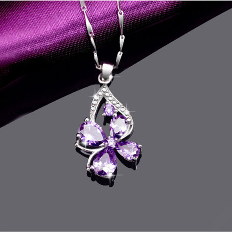 Women's Four-leaf Clover Amethyst Clavicle Chain Birthday Pendants