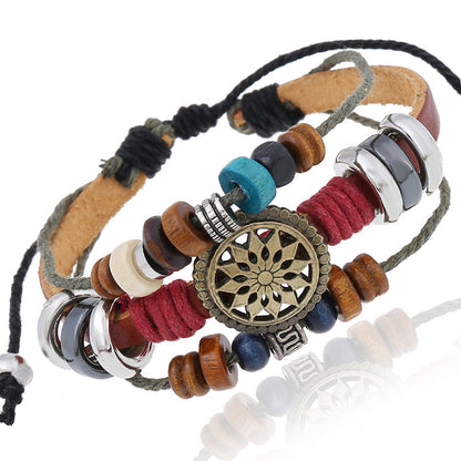 Woven Color Sunflower Ornament Beaded Cowhide Bracelets