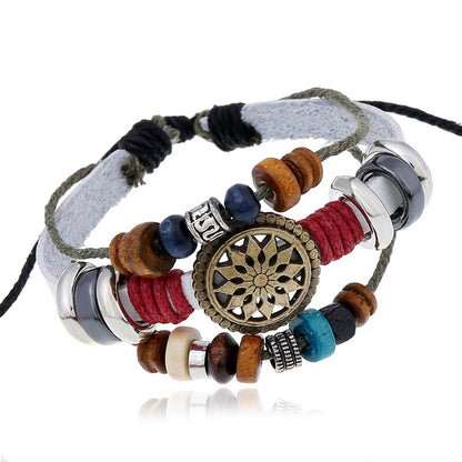 Woven Color Sunflower Ornament Beaded Cowhide Bracelets