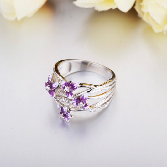 Violet Flower Color Epoxy Paint Engagement Rings