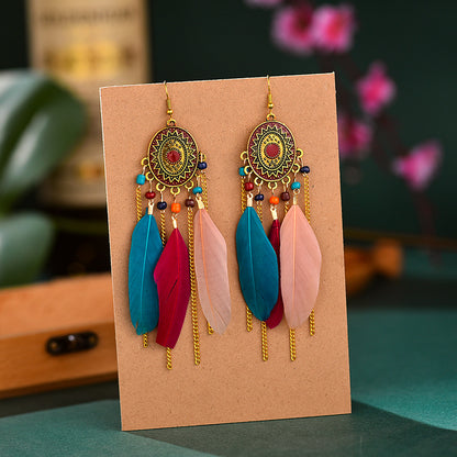 Women's Long Feather For Retro Chain Your Earrings