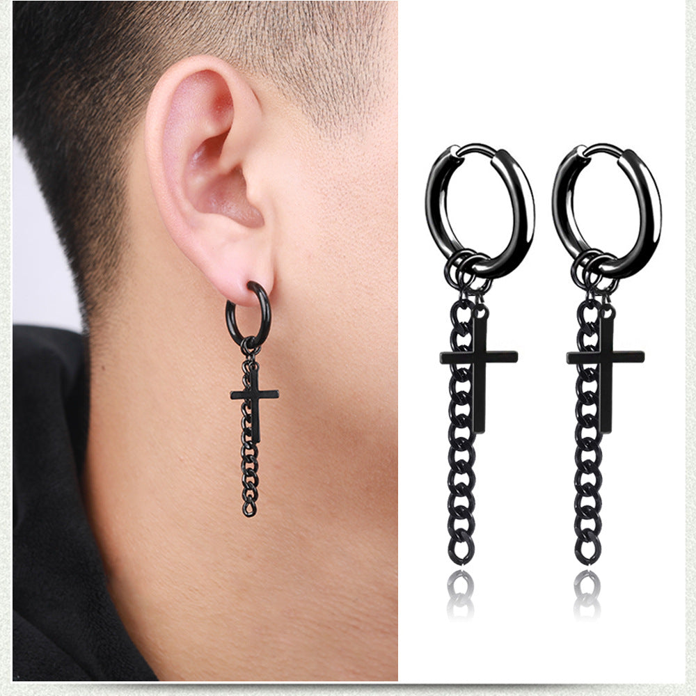 Men's Style Tassel Chain Cross Titanium Steel Earrings