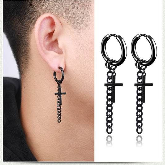 Men's Style Tassel Chain Cross Titanium Steel Earrings