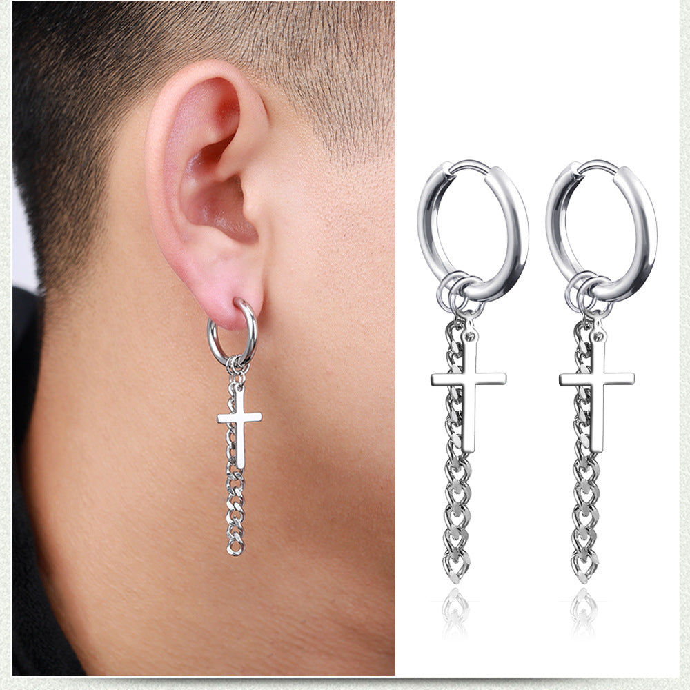 Men's Style Tassel Chain Cross Titanium Steel Earrings