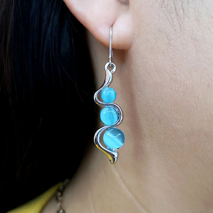 Curve Inlaid Sea Blue Cat Eye Earrings