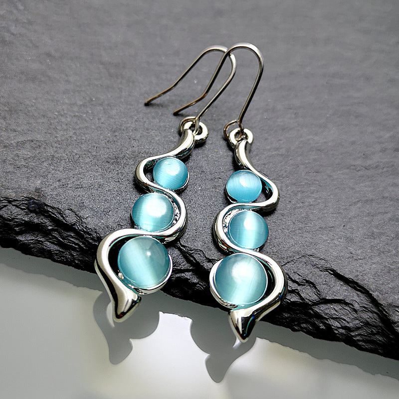 Curve Inlaid Sea Blue Cat Eye Earrings