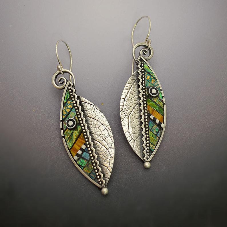 Hanging Abstract Iridescent Green Leaf Creative Earrings