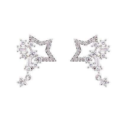 Sier Needle Shaped Five-pointed Star Long Tassel Face Small Earrings