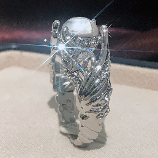 Women's Hollow White Swan Colorful Imitation Moonstone Rings