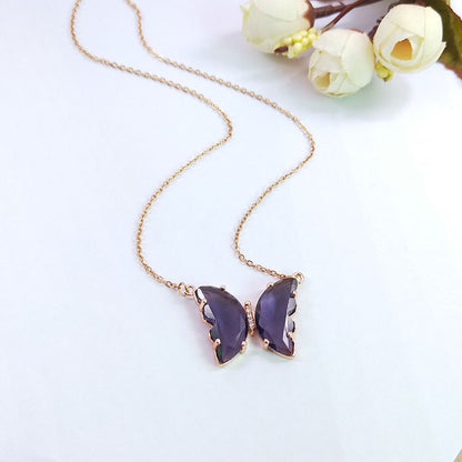 Sier Needle Summer Transparent Purple Butterfly Necklaces