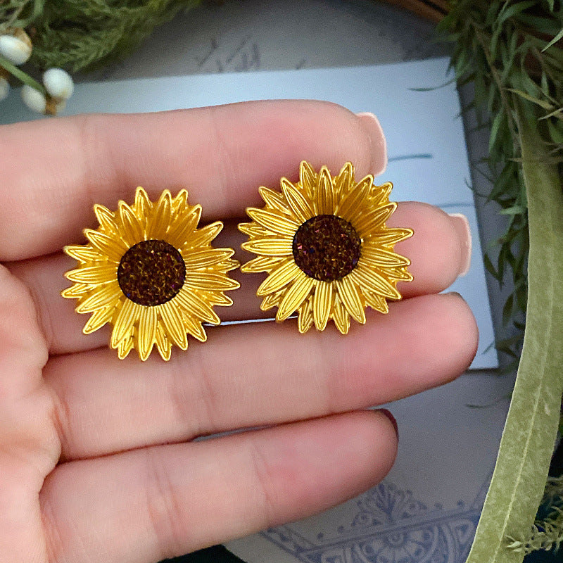 Sunflower Imitation Crystal Teeth Sier Needle Ear Exquisite Temperament Earrings