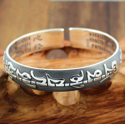 Women's & Men's Carved Sanskrit Proverb Buddha Heart Sutra Sier Plated Bracelets