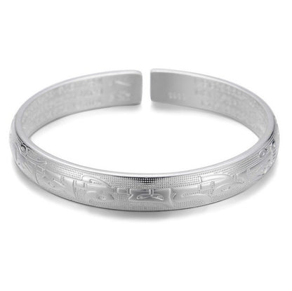 Women's & Men's Carved Sanskrit Proverb Buddha Heart Sutra Sier Plated Bracelets
