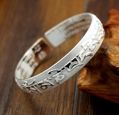 Women's & Men's Carved Sanskrit Proverb Buddha Heart Sutra Sier Plated Bracelets