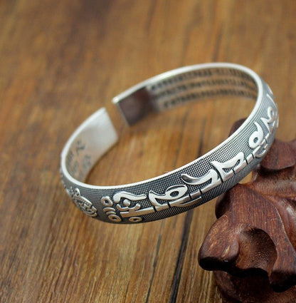 Women's & Men's Carved Sanskrit Proverb Buddha Heart Sutra Sier Plated Bracelets