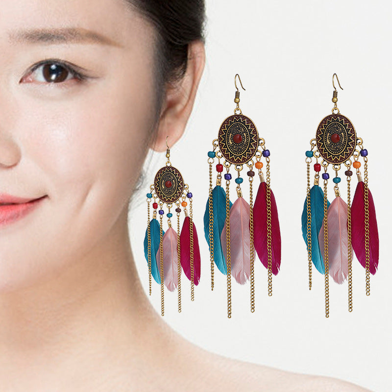 Women's Long Feather For Retro Chain Your Earrings