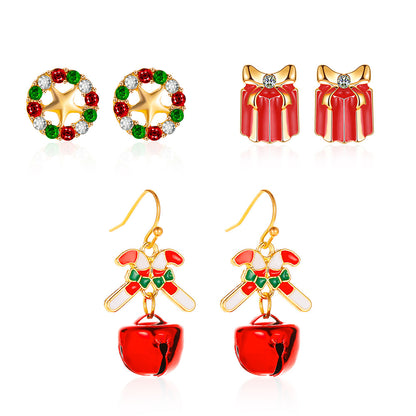 Three-piece Personalized Dripping Oil Santa Bell Ear Earrings