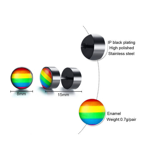 Stainless Steel Round Dumbbell Rainbow Black Earrings